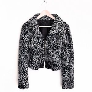 F21 Tapestry Zipper Jacket Black White Jacquard S